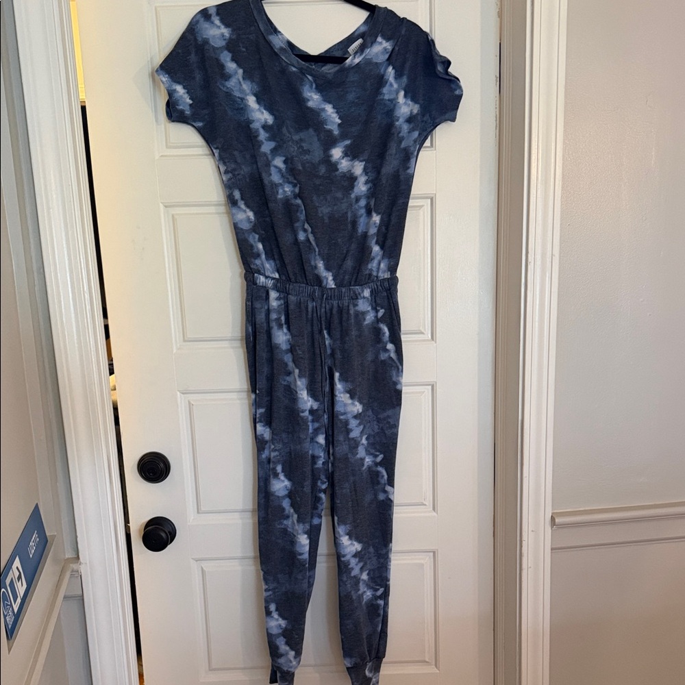 Casual Tie-Dye Short Sleeve Jumpsuit in Navy & Light Blue